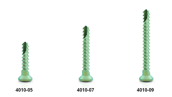 [Translate to Polish:] Three lengths of titanium microscrews, diameter 1.0 mm, green anodized