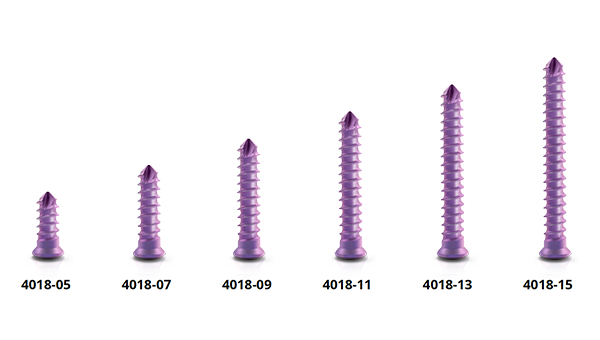 Six lengths of violet dev-os titanium microscrews, diameter 1.8 mm, from small to large